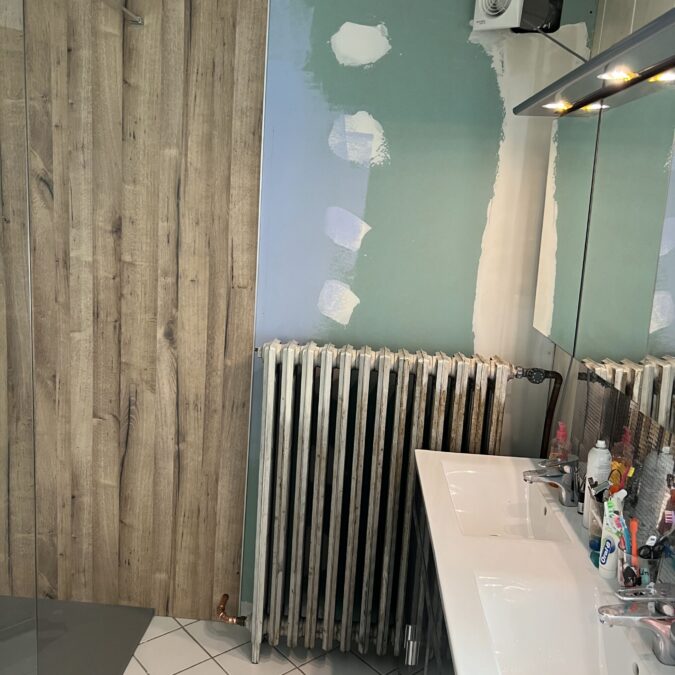 Remplacement d&rsquo;une baignoire d&rsquo;angle par une douche a l&rsquo;italienne et pose de panneaux vipannel imitation bois et d&rsquo;une paroi vitr&eacute;e sanswiss a Ottwiller Haguenau 6